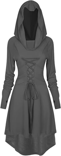 EPOKNQ Mittelalter Kleidung Damen,Gothic Kleid Damen,Halloween Kostüm,Renaissance Mit Kapuze Kleid für Halloween Karneval (Grau, 3XL) von EPOKNQ