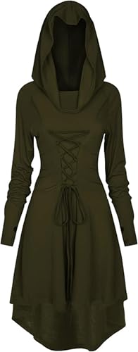 EPOKNQ Mittelalter Kleidung Damen,Gothic Kleid Damen,Halloween Kostüm,Renaissance Mit Kapuze Kleid für Halloween Karneval (Grüner, 3XL) von EPOKNQ