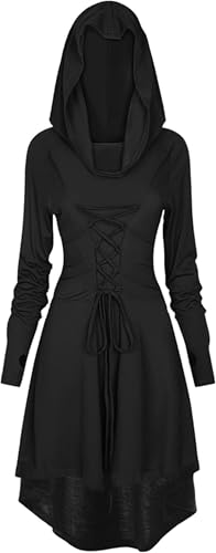 EPOKNQ Mittelalter Kleidung Damen,Gothic Kleid Damen,Halloween Kostüm,Renaissance Mit Kapuze Kleid für Halloween Karneval (Schwarz, 3XL) von EPOKNQ