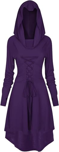 EPOKNQ Mittelalter Kleidung Damen,Gothic Kleid Damen,Halloween Kostüm,Renaissance Mit Kapuze Kleid für Halloween Karneval (Violett, 3XL) von EPOKNQ