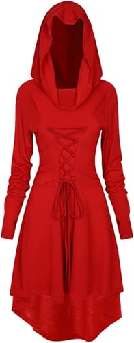 EPOKNQ Mittelalter Kleidung Damen,Gothic Kleid Damen,Halloween Kostüm,Renaissance Mit Kapuze Kleid für Halloween Karneval (Ziegelrot, 4XL) von EPOKNQ