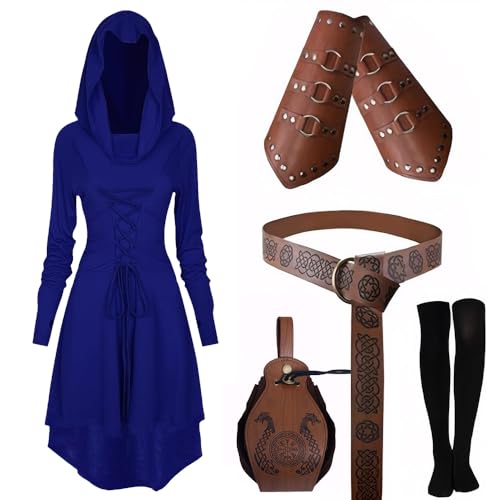 EPOKNQ Mittelalter Kleidung Kostüm Damen Set Renaissance Kostüm Set Mittelalterliches Kapuzenkleid Set mit Armschützern Gürtel Gürteltasche Strümpfe Zubehör (Blau, 3XL) von EPOKNQ