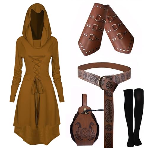 EPOKNQ Mittelalter Kleidung Kostüm Damen Set Renaissance Kostüm Set Mittelalterliches Kapuzenkleid Set mit Armschützern Gürtel Gürteltasche Strümpfe Zubehör (Braun, 3XL) von EPOKNQ