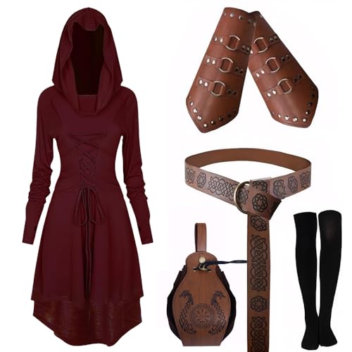 EPOKNQ Mittelalter Kleidung Kostüm Damen Set Renaissance Kostüm Set Mittelalterliches Kapuzenkleid Set mit Armschützern Gürtel Gürteltasche Strümpfe Zubehör (Burgundisch, 3XL) von EPOKNQ