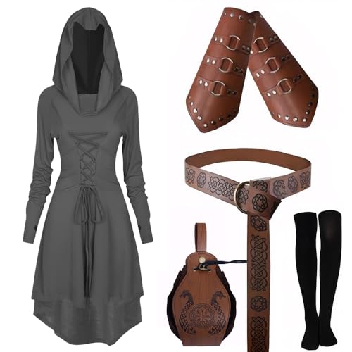 EPOKNQ Mittelalter Kleidung Kostüm Damen Set Renaissance Kostüm Set Mittelalterliches Kapuzenkleid Set mit Armschützern Gürtel Gürteltasche Strümpfe Zubehör (Grau, 3XL) von EPOKNQ