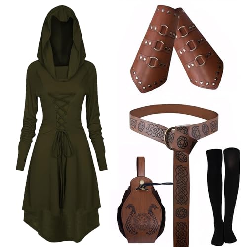 EPOKNQ Mittelalter Kleidung Kostüm Damen Set Renaissance Kostüm Set Mittelalterliches Kapuzenkleid Set mit Armschützern Gürtel Gürteltasche Strümpfe Zubehör (Grüner, 3XL) von EPOKNQ