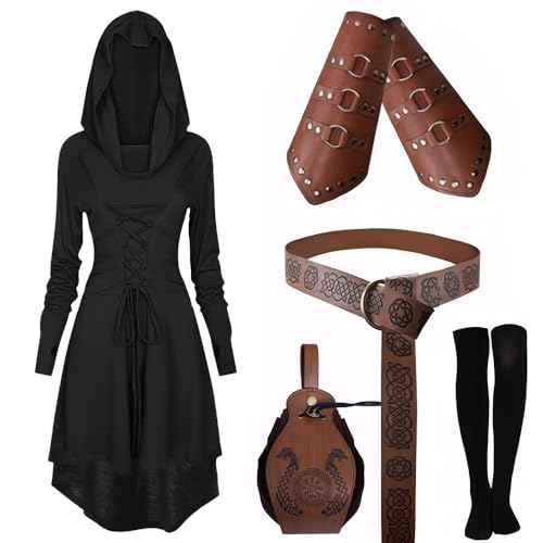 EPOKNQ Mittelalter Kleidung Kostüm Damen Set Renaissance Kostüm Set Mittelalterliches Kapuzenkleid Set mit Armschützern Gürtel Gürteltasche Strümpfe Zubehör (Schwarz, 3XL) von EPOKNQ