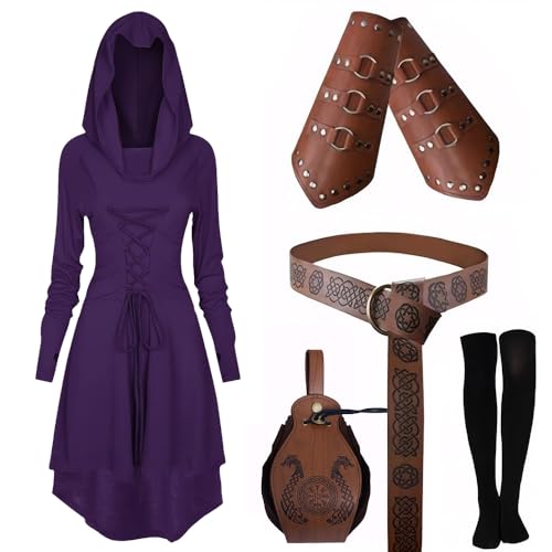 EPOKNQ Mittelalter Kleidung Kostüm Damen Set Renaissance Kostüm Set Mittelalterliches Kapuzenkleid Set mit Armschützern Gürtel Gürteltasche Strümpfe Zubehör (Violett, 3XL) von EPOKNQ