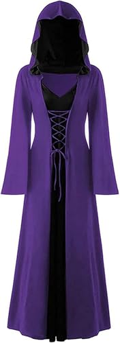 EPOKNQ Renaissance Mittelalter Kostüm Kleid Halloween Vintage Hexenkleid Frauen Halloween Vampir Hexe Kapuzenkostüm (Lila, 3XL) von EPOKNQ