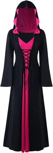 EPOKNQ Renaissance Mittelalter Kostüm Kleid Halloween Vintage Hexenkleid Frauen Halloween Vampir Hexe Kapuzenkostüm (Rosa, 3XL) von EPOKNQ