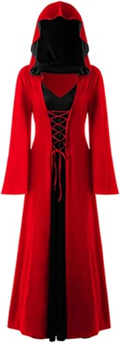 EPOKNQ Renaissance Mittelalter Kostüm Kleid Halloween Vintage Hexenkleid Frauen Halloween Vampir Hexe Kapuzenkostüm (Rot-Schwarz, 3XL) von EPOKNQ