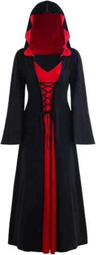 EPOKNQ Renaissance Mittelalter Kostüm Kleid Halloween Vintage Hexenkleid Frauen Halloween Vampir Hexe Kapuzenkostüm (Schwarz-Rot, 3XL) von EPOKNQ