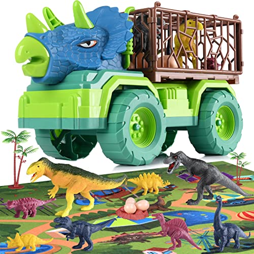 Dinosaurier-LKW-Spielzeug für Kinder von 3–5 6 7 Jahren, Triceratops-Transportauto-Transporter, mit 8 Dino-Figuren, Aktivitäts-Spielmatte, Capture Jurassic Dinosaur Play Set für Jungen und Mädchen von EPPO