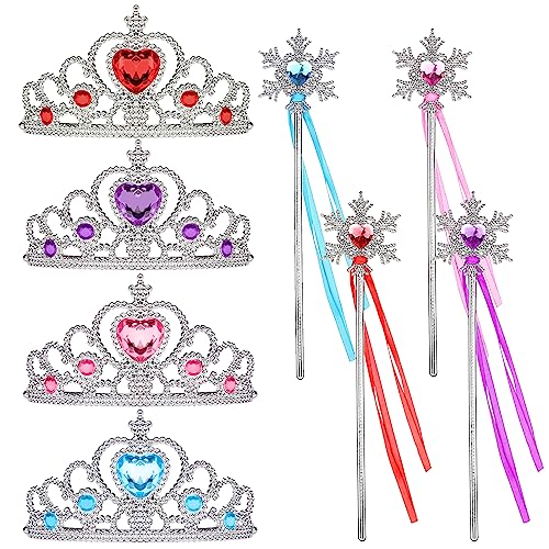 Prinzessin Krone Mädchen, Kinder Tiara und Stab 4 Set Kronen Party Kristall Kronprinzessin Dress Up Haarschmuck Geburtstag Tiara Geschenk für Mädchen 3-12 Jahre (Blau, Rosa, Lila und Rot) von EQLEF