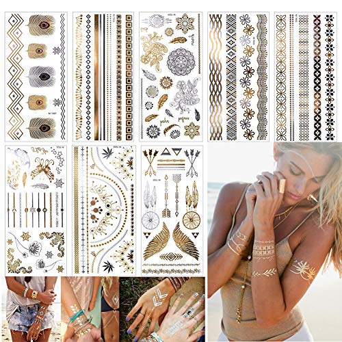 EQLEF Temporäre Metallic Tattoos Aufkleber, 8 Sheets Shiny Körper Gefälschte Schmuck Tattoos Für Frauen Teens Mädchen Gold und Silber Schmuck Tattoos Viele Schöne Motive von EQLEF