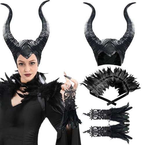 EQTGI Maleficent Krähenkostüm für Damen, mit maleficenten Hörnern, schwarzer Federumhang, Ärmel, für Halloween, Cosplay, Schwarz von EQTGI