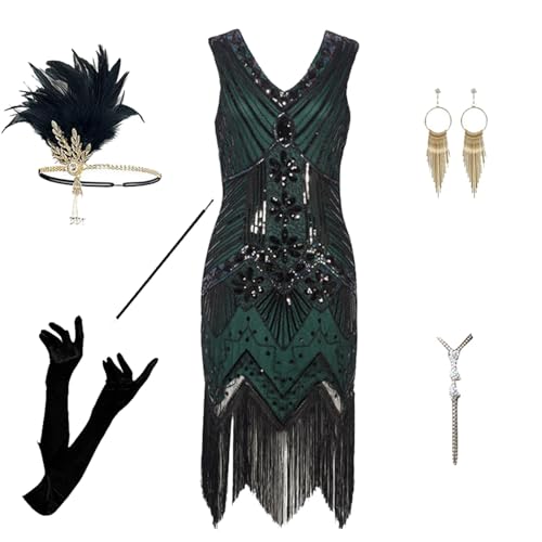 20 er jahre kleider damen, 1920er Kostüm Kleider Set Charleston Kleid Mit 20er Accessoires Set Silvester Outfit Mafia Kostüm Vintage Karneval Kostüm Flapper Kleid Mit Pailletten Faschingskostüme von EQWIGKEIT