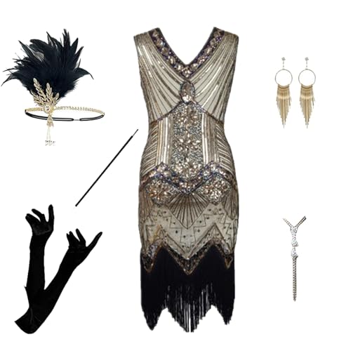 20 er jahre kleider damen, Kostüm 20er Jahre Damen Charleston Kleid Mit 20er Accessoires Set Faschingskostüme Mafia Kostüm Vintage Karneval Kostüm Flapper Kleid Mit Pailletten Silvester Outfit von EQWIGKEIT