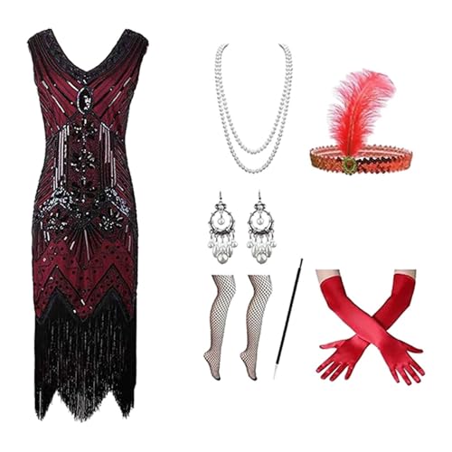 20 er jahre kleider damen, Kostüm 20er Jahre Damen Charleston Kleid Mit 20er Accessoires Set Vintage Karneval Kostüm Mafia Kostüm Silvester Outfit Flapper Kleid Mit Pailletten Faschingskostüme von EQWIGKEIT