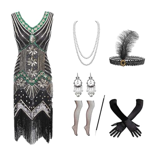 20er jahre kleid, 5 Stück 20er Jahre Kostüm Damen Charleston Kleid Mit 20er Accessoires Set Silvester Outfit Mafia Kostüm Faschingskostüme Flapper Kleid Mit Pailletten Vintage Karneval Kostüm von EQWIGKEIT