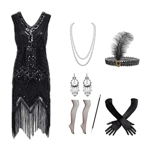 20er jahre kleid damen, 5 Stück 20er Jahre Kostüm Damen Charleston Kleid Mit 20er Accessoires Set Silvester Outfit Mafia Kostüm Faschingskostüme Flapper Kleid Mit Pailletten Vintage Karneval Kostüm von EQWIGKEIT