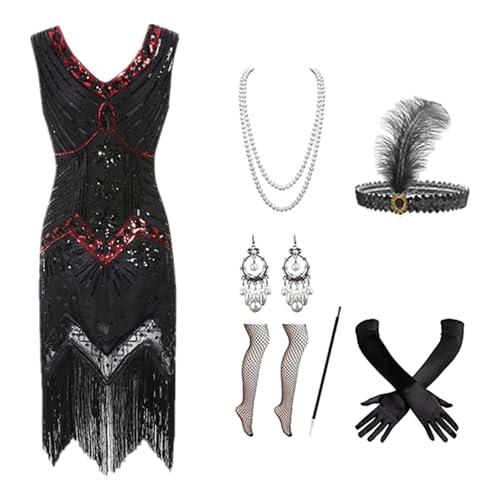 20er jahre kleider, 5 Stück 20er Jahre Kostüm Damen Charleston Kleid Mit 20er Accessoires Set Silvester Outfit Mafia Kostüm Faschingskostüme Flapper Kleid Mit Pailletten Vintage Karneval Kostüm von EQWIGKEIT