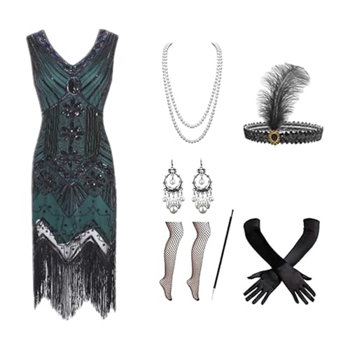 20er jahre kleider, 5 Stück 20er Jahre Kostüm Damen Charleston Kleid Mit 20er Accessoires Set Silvester Outfit Mafia Kostüm Faschingskostüme Flapper Kleid Mit Pailletten Vintage Karneval Kostüm von EQWIGKEIT