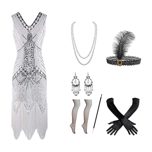 20er jahre kostüm damen, Kostüm 20er Jahre Damen Charleston Kleid Mit 20er Accessoires Set Vintage Karneval Kostüm Mafia Kostüm Silvester Outfit Flapper Kleid Mit Pailletten Faschingskostüme von EQWIGKEIT