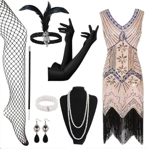 EQWIGKEIT 1920er Kleider Damen, 1920er Kostüm Kleider Set Mafia Kostüm Silvester Outfit Charleston Kleid Mit 20er Accessoires Set Vintage Karneval Kostüm Flapper Kleid Mit Pailletten Faschingskostüme von EQWIGKEIT