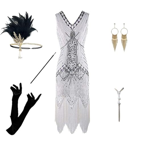 EQWIGKEIT 1920er Kleider Damen, Kostüm 20er Jahre Damen Charleston Kleid Mit 20er Accessoires Set Faschingskostüme Mafia Kostüm Vintage Karneval Kostüm Flapper Kleid Mit Pailletten Silvester Outfit von EQWIGKEIT