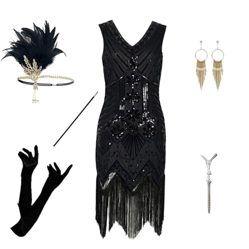 EQWIGKEIT 20er Jahre, 1920er Kostüm Kleider Set Charleston Kleid Mit 20er Accessoires Set Silvester Outfit Mafia Kostüm Vintage Karneval Kostüm Flapper Kleid Mit Pailletten Faschingskostüme von EQWIGKEIT