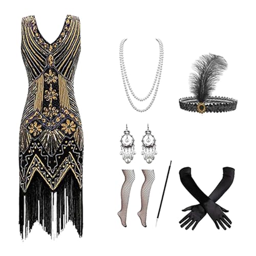 EQWIGKEIT 20er Jahre, 5 Stück 20er Jahre Kostüm Damen Charleston Kleid Mit 20er Accessoires Set Silvester Outfit Mafia Kostüm Faschingskostüme Flapper Kleid Mit Pailletten Vintage Karneval Kostüm von EQWIGKEIT