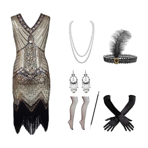 EQWIGKEIT 20er Jahre, Kostüm 20er Jahre Damen Charleston Kleid Mit 20er Accessoires Set Vintage Karneval Kostüm Mafia Kostüm Silvester Outfit Flapper Kleid Mit Pailletten Faschingskostüme von EQWIGKEIT