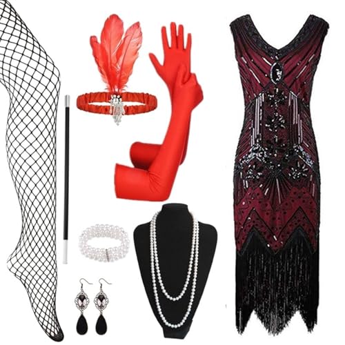 EQWIGKEIT 20er Jahre Kleid, 1920er Kostüm Kleider Set Mafia Kostüm Silvester Outfit Charleston Kleid Mit 20er Accessoires Set Vintage Karneval Kostüm Flapper Kleid Mit Pailletten Faschingskostüme von EQWIGKEIT