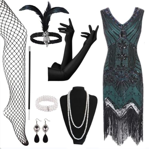 EQWIGKEIT 20er Jahre Kleider, 1920er Kostüm Kleider Set Mafia Kostüm Silvester Outfit Charleston Kleid Mit 20er Accessoires Set Vintage Karneval Kostüm Flapper Kleid Mit Pailletten Faschingskostüme von EQWIGKEIT