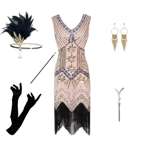 EQWIGKEIT 20er Jahre Kleider, Kostüm 20er Jahre Damen Charleston Kleid Mit 20er Accessoires Set Faschingskostüme Mafia Kostüm Vintage Karneval Kostüm Flapper Kleid Mit Pailletten Silvester Outfit von EQWIGKEIT