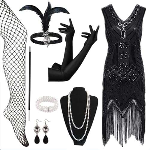 EQWIGKEIT 20er Jahre Kleider, Kostüm 20er Jahre Damen Flapper Kleid Mit Pailletten Vintage Karneval Kostüm Charleston Kleid Mit 20er Accessoires Set Silvester Outfit Mafia Kostüm Faschingskostüme von EQWIGKEIT