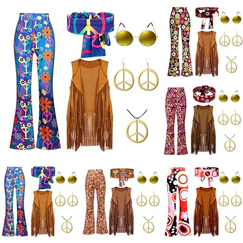 EQWIGKEIT Hippie Kostüm Damen Set Mit Hose, 70Er Jahre Outfit Damen Accessoires 6 Stück Hippie Kostüm Damen Set, Fransenweste Hippie Kleidung Damen, Western Outfit von EQWIGKEIT