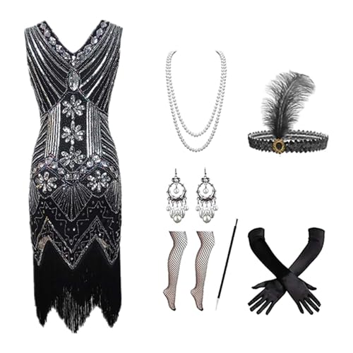 EQWIGKEIT Kleid Silvester Damen, Kostüm 20er Jahre Damen Charleston Kleid Mit 20er Accessoires Set Vintage Karneval Kostüm Mafia Kostüm Silvester Outfit Flapper Kleid Mit Pailletten Faschingskostüme von EQWIGKEIT