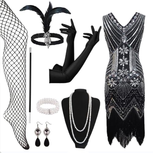 EQWIGKEIT Kleider 20er Jahre, 1920er Kostüm Kleider Set Mafia Kostüm Silvester Outfit Charleston Kleid Mit 20er Accessoires Set Vintage Karneval Kostüm Flapper Kleid Mit Pailletten Faschingskostüme von EQWIGKEIT