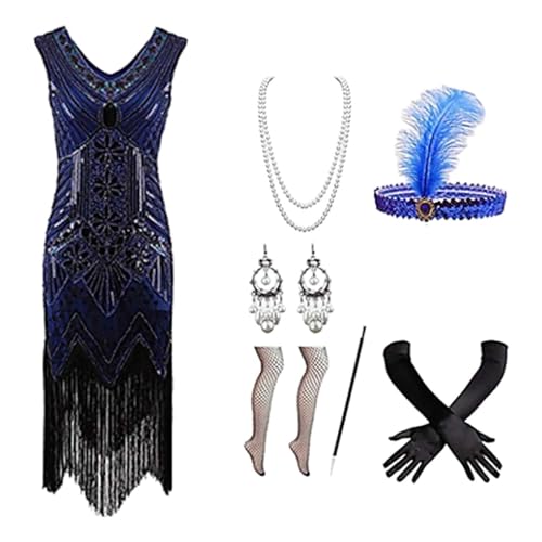 EQWIGKEIT Silvester Kleid, Kostüm 20er Jahre Damen Charleston Kleid Mit 20er Accessoires Set Vintage Karneval Kostüm Mafia Kostüm Silvester Outfit Flapper Kleid Mit Pailletten Faschingskostüme von EQWIGKEIT