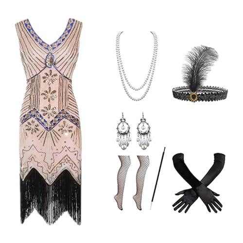 EQWIGKEIT Silvester Outfit Damen, Kostüm 20er Jahre Damen Charleston Kleid Mit 20er Accessoires Set Vintage Karneval Kostüm Mafia Kostüm Silvester Outfit Flapper Kleid Mit Pailletten Faschingskostüme von EQWIGKEIT