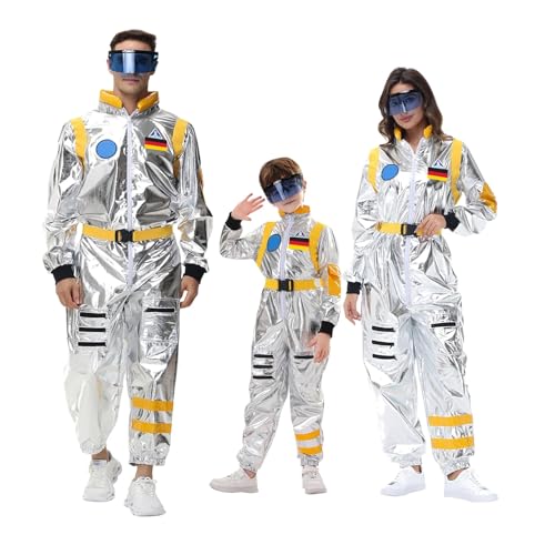 EQWIGKEIT astronaut kostüm, Astronauten KostüM Familie Set Space Kostüm Silber Paar Raum Uniform Overall Cosplay Space Faschingskostüme Glänzend Karneval Kostüm Family Cosplay Jungen Und Mädchen von EQWIGKEIT