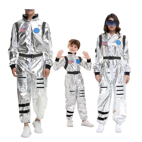 EQWIGKEIT astronauten kostüm, Astronauten KostüM Familie Set Space Kostüm Silber Paar Raum Uniform Overall Cosplay Space Faschingskostüme Glänzend Karneval Kostüm Family Cosplay Jungen Und Mädchen von EQWIGKEIT