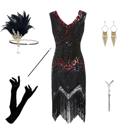 EQWIGKEIT glitzerkleid Damen, Kostüm 20er Jahre Damen Charleston Kleid Mit 20er Accessoires Set Faschingskostüme Mafia Kostüm Vintage Karneval Kostüm Flapper Kleid Mit Pailletten Silvester Outfit von EQWIGKEIT