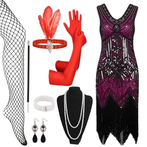 EQWIGKEIT glitzerkleid Damen, Kostüm 20er Jahre Damen Flapper Kleid Mit Pailletten Vintage Karneval Kostüm Charleston Kleid Mit 20er Accessoires Set Silvester Outfit Mafia Kostüm Faschingskostüme von EQWIGKEIT