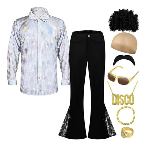 EQWIGKEIT karneval kostüm herren, Herren 70er Retro KostüM 9 StüCk Disco Herren KostüM Set, Herren Hippie 70Er Jahre Outfit Glitzer Hemd Und Schlaghose Mit PerüCke Sonnenbrille Schnurrbart von EQWIGKEIT