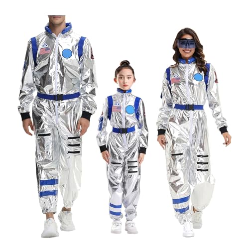 EQWIGKEIT space kostüm kinder, Astronauten KostüM Familie Set Space Kostüm Silber Paar Raum Uniform Overall Cosplay Space Faschingskostüme Glänzend Karneval Kostüm Family Cosplay Jungen Und Mädchen von EQWIGKEIT