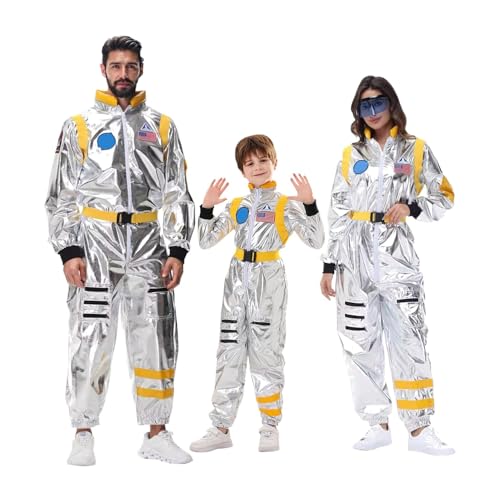 astronauten kostüm kind, Astronauten KostüM Familie Set Space Kostüm Silber Paar Raum Uniform Overall Cosplay Space Faschingskostüme Glänzend Karneval Kostüm Family Cosplay Jungen Und Mädchen von EQWIGKEIT