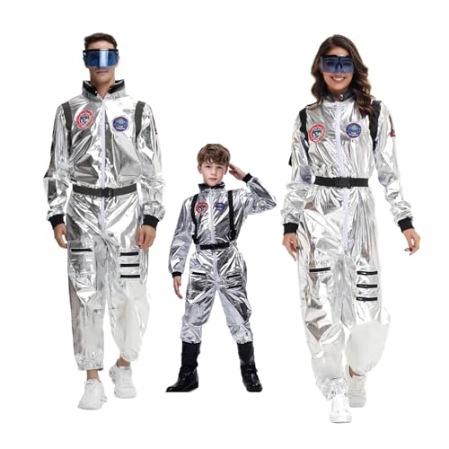 astronauten kostüm kind, Astronauten KostüM Familie Set Space Kostüm Silber Paar Raum Uniform Overall Cosplay Space Faschingskostüme Glänzend Karneval Kostüm Family Cosplay Jungen Und Mädchen von EQWIGKEIT